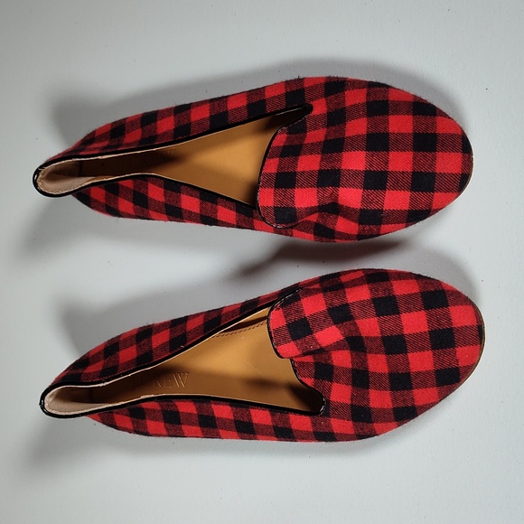 J. Crew Cora Loafers Red Black Buffalo Plaid Flats 7 - Picture 3 of 12